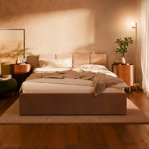 Borgo kétszemélyes ágykeret (matrac nélkül), ágyneműtartóval, bársony, 180 x 200, barna