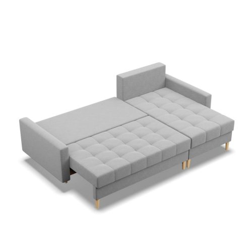 Oslo sarokkanapé, 1 ágyneműtartóval, fonott, univerzális oldal, bonell töltet, világosszürke