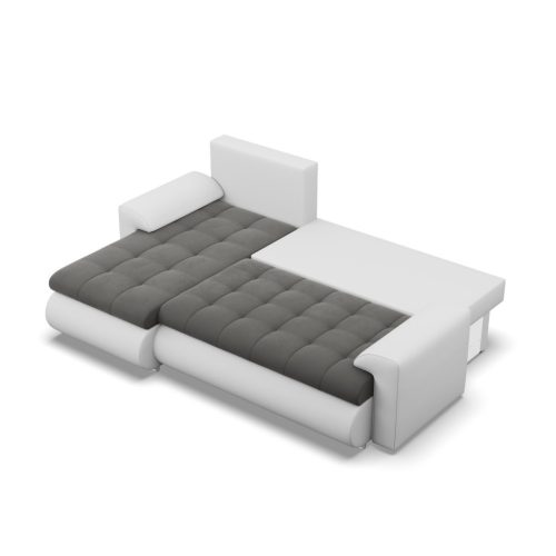 Tokio sarokkanapé, 2 ágyneműtartóval, bársony + műbőr, baloldali, szürke - fehér