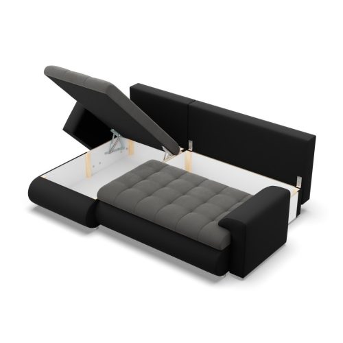 Tokio sarokkanapé, 2 ágyneműtartóval, bársony + műbőr, baloldali, szürke - fekete