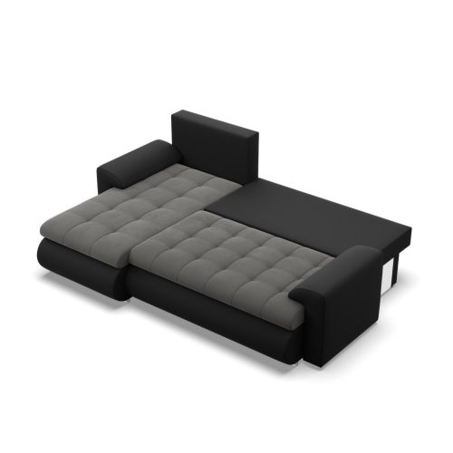 Tokio sarokkanapé, 2 ágyneműtartóval, bársony + műbőr, baloldali, szürke - fekete