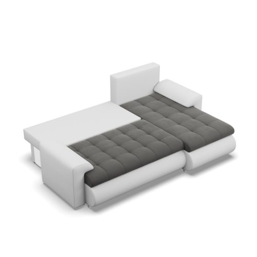 Tokio sarokkanapé, 2 ágyneműtartóval, bársony + műbőr, jobboldali, szürke - fehér