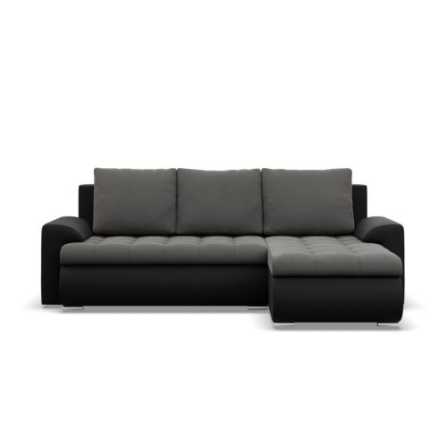 Tokio sarokkanapé, 2 ágyneműtartóval, bársony + műbőr, jobboldali, szürke - fekete