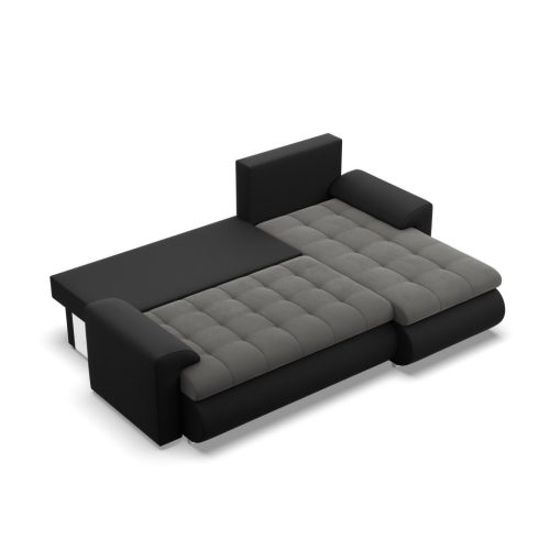 Tokio sarokkanapé, 2 ágyneműtartóval, bársony + műbőr, jobboldali, szürke - fekete