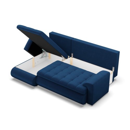 Tokio sarokkanapé, 2 ágyneműtartóval, bársony, baloldali, kék