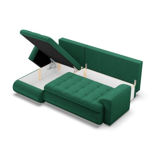 Tokio sarokkanapé, 2 ágyneműtartóval, bársony, baloldali, zöld