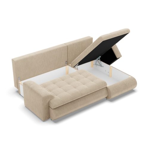 Tokio sarokkanapé, 2 ágyneműtartóval, kordbársony, jobboldali, bézs