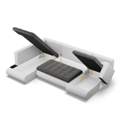 Tokio U sarokkanapé, 3 ágyneműtartóval, bársony + műbőr, baloldali, szürke - fehér