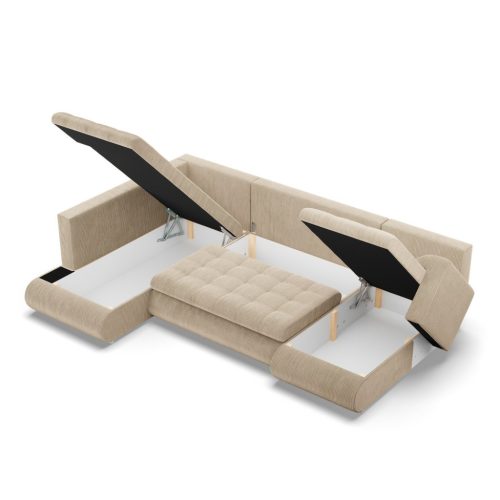 Tokio U sarokkanapé, 3 ágyneműtartóval, kordbársony, baloldali, bézs