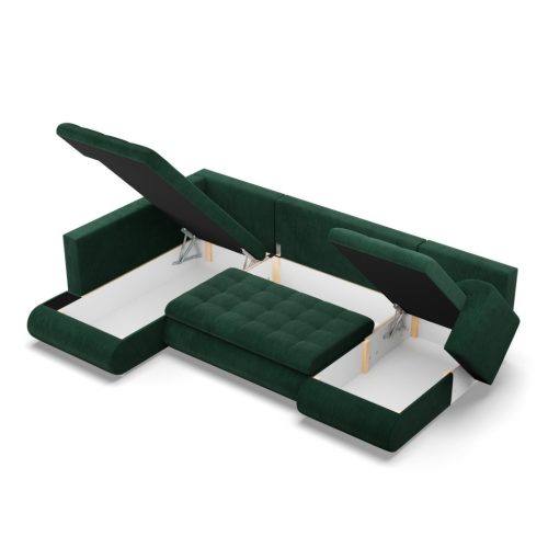 Tokio U sarokkanapé, 3 ágyneműtartóval, kordbársony, baloldali, zöld