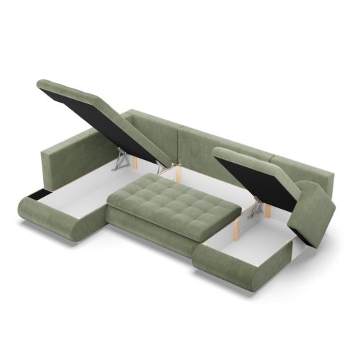 Tokio U sarokkanapé, 3 ágyneműtartóval, kordbársony, baloldali, zöld