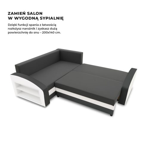 Grande sarokkanapé polcokkal , polc a bal karfaban,  baloldali, szövet anyag, bonell töltet,  szürke - fehér