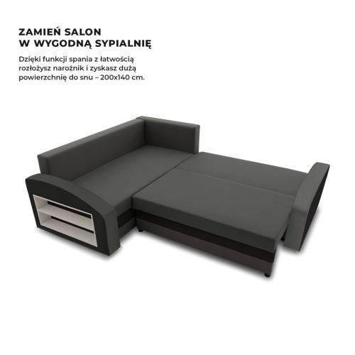Grande sarokkanapé polcokkal , polc a bal karfaban,  baloldali, szövet anyag, bonell töltet,  szürke - fekete 