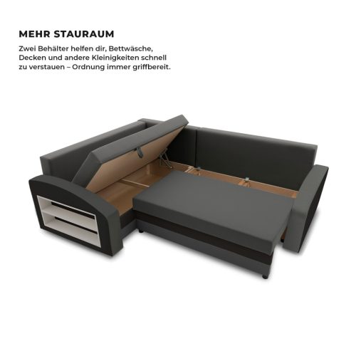 Grande sarokkanapé polcokkal , polc a bal karfaban,  baloldali, szövet anyag, bonell töltet,  szürke - fekete 