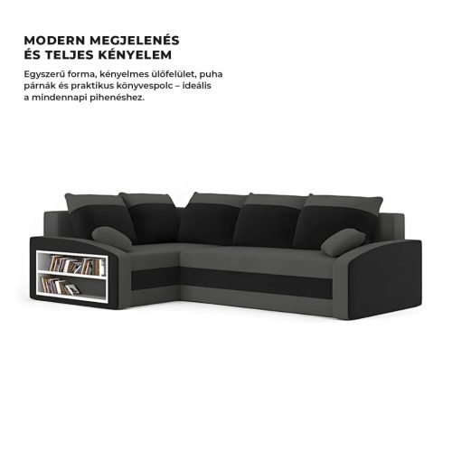 Grande sarokkanapé polcokkal , polc a bal karfaban,  baloldali, szövet anyag, bonell töltet,  szürke - fekete 