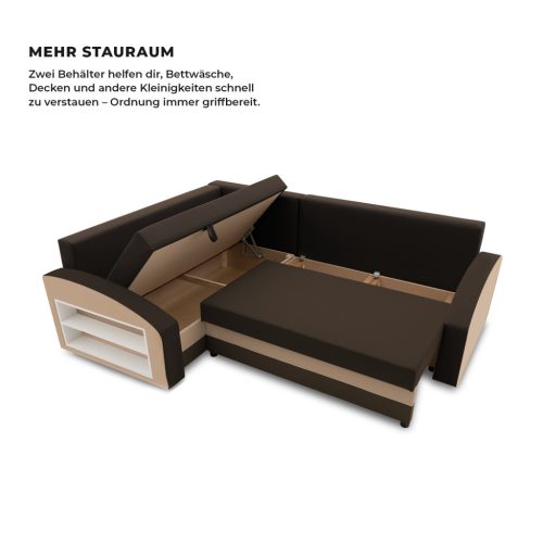 Grande sarokkanapé polcokkal , polc a bal karfaban,  baloldali, szövet anyag, bonell töltet, barna