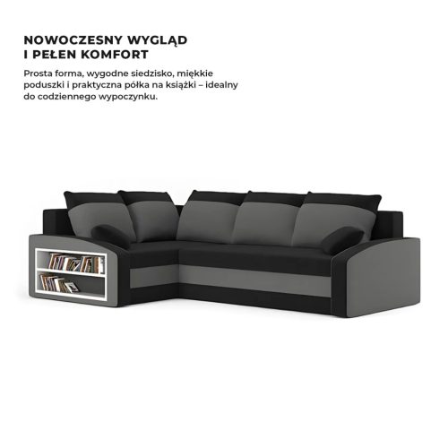 Grande sarokkanapé polcokkal , polc a bal karfaban,  baloldali, szövet anyag, bonell töltet, fekete - szürke
