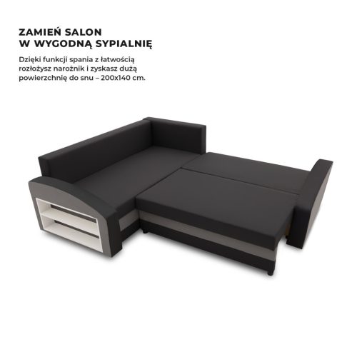 Grande sarokkanapé polcokkal , polc a bal karfaban,  baloldali, szövet anyag, bonell töltet, fekete - szürke