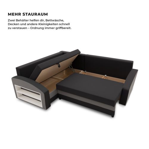 Grande sarokkanapé polcokkal , polc a bal karfaban,  baloldali, szövet anyag, bonell töltet, fekete - szürke