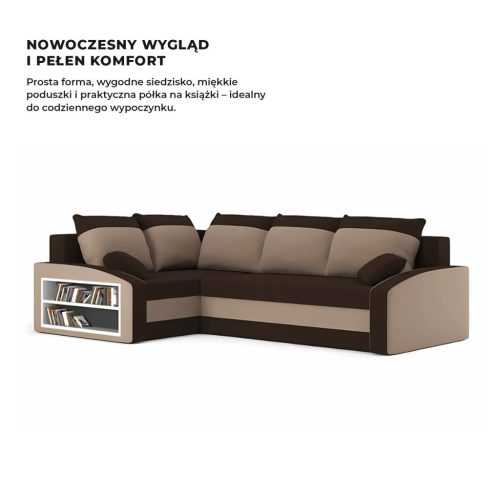 Grande sarokkanapé polcokkal , polc a bal karfaban,  baloldali, szövet anyag, hab töltet, barna