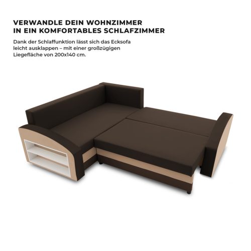 Grande sarokkanapé polcokkal , polc a bal karfaban,  baloldali, szövet anyag, hab töltet, barna