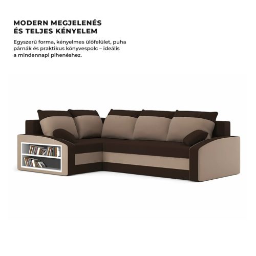Grande sarokkanapé polcokkal , polc a bal karfaban,  baloldali, szövet anyag, hab töltet, barna