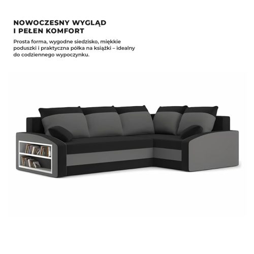 Grande sarokkanapé polcokkal , polc a bal karfaban,  jobboldali, szövet anyag, bonell töltet, fekete - szürke