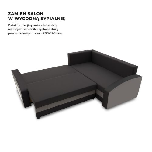 Grande sarokkanapé polcokkal , polc a bal karfaban,  jobboldali, szövet anyag, bonell töltet, fekete - szürke