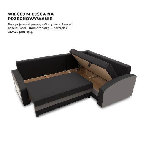 Grande sarokkanapé polcokkal , polc a bal karfaban,  jobboldali, szövet anyag, bonell töltet, fekete - szürke