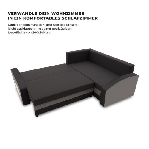 Grande sarokkanapé polcokkal , polc a bal karfaban,  jobboldali, szövet anyag, bonell töltet, fekete - szürke
