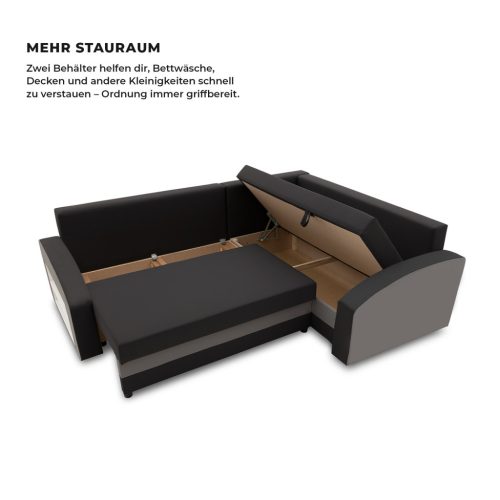 Grande sarokkanapé polcokkal , polc a bal karfaban,  jobboldali, szövet anyag, bonell töltet, fekete - szürke