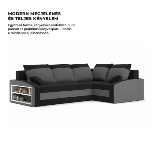 Grande sarokkanapé polcokkal , polc a bal karfaban,  jobboldali, szövet anyag, bonell töltet, fekete - szürke