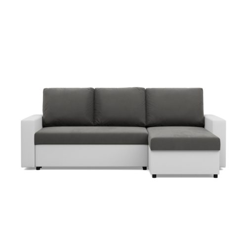 Panama sarokkanapé, 2 ágyneműtartóval, bársony + műbőr, univerzális oldal, szürke - fehér
