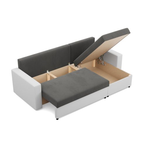 Panama sarokkanapé, 2 ágyneműtartóval, bársony + műbőr, univerzális oldal, szürke - fehér