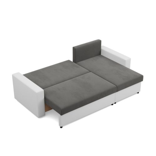 Panama sarokkanapé, 2 ágyneműtartóval, bársony + műbőr, univerzális oldal, szürke - fehér