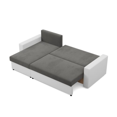 Panama sarokkanapé, 2 ágyneműtartóval, bársony + műbőr, univerzális oldal, szürke - fehér