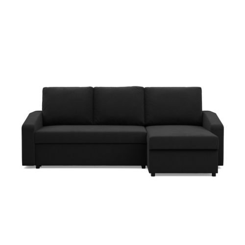 Zeus sarokkanapé, 1 ágyneműtartóval, döntött kartámasz, szövet anyag, univerzális oldal, bonell töltet, fekete