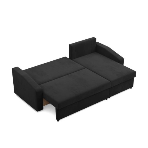 Zeus sarokkanapé, 1 ágyneműtartóval, döntött kartámasz, szövet anyag, univerzális oldal, bonell töltet, fekete