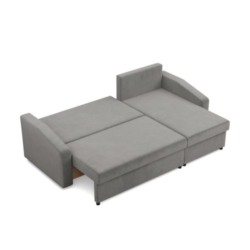 Zeus sarokkanapé, 2 ágyneműtartóval, döntött kartámasz, bársony, univerzális oldal, bonell töltet, világosszürke