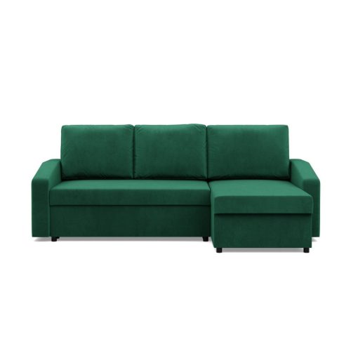 Zeus sarokkanapé, 2 ágyneműtartóval, döntött kartámasz, bársony, univerzális oldal, bonell töltet, zöld