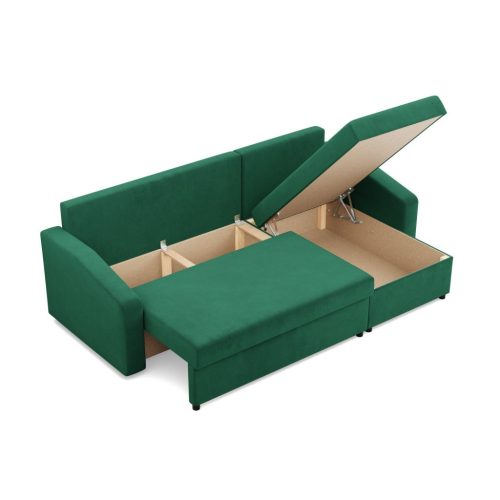 Zeus sarokkanapé, 2 ágyneműtartóval, döntött kartámasz, bársony, univerzális oldal, bonell töltet, zöld