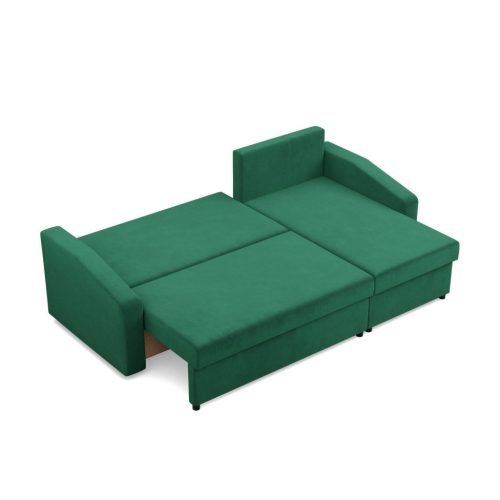 Zeus sarokkanapé, 2 ágyneműtartóval, döntött kartámasz, bársony, univerzális oldal, bonell töltet, zöld