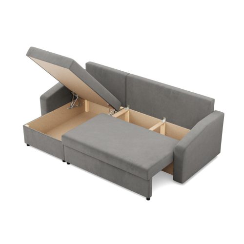 Zeus sarokkanapé, 2 ágyneműtartóval, döntött kartámasz, bársony, univerzális oldal, hab töltet, világosszürke