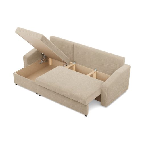 Zeus sarokkanapé, 2 ágyneműtartóval, döntött kartámasz, kordbársony, univerzális oldal, bonell töltet, bézs