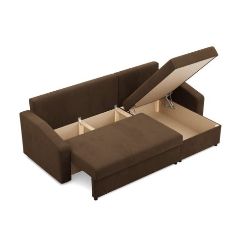 Zeus sarokkanapé, 2 ágyneműtartóval, döntött kartámasz, szövet anyag, univerzális oldal, bonell töltet, barna