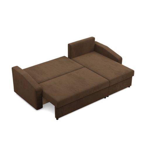 Zeus sarokkanapé, 2 ágyneműtartóval, döntött kartámasz, szövet anyag, univerzális oldal, bonell töltet, barna