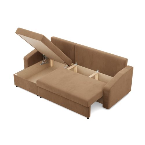 Zeus sarokkanapé, 2 ágyneműtartóval, döntött kartámasz, szövet anyag, univerzális oldal, bonell töltet, barna