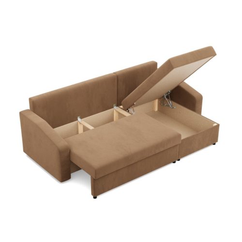 Zeus sarokkanapé, 2 ágyneműtartóval, döntött kartámasz, szövet anyag, univerzális oldal, bonell töltet, barna