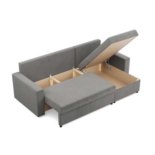 Zeus sarokkanapé, 2 ágyneműtartóval, egyenes kartámasz, bársony, univerzális oldal, bonell töltet, világosszürke