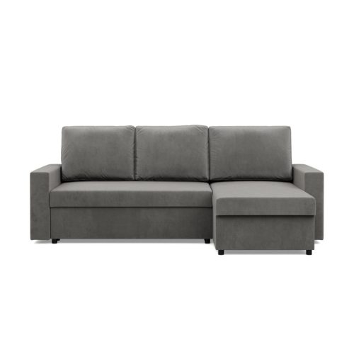 Zeus sarokkanapé, 2 ágyneműtartóval, egyenes kartámasz, bársony, univerzális oldal, hab töltet, világosszürke